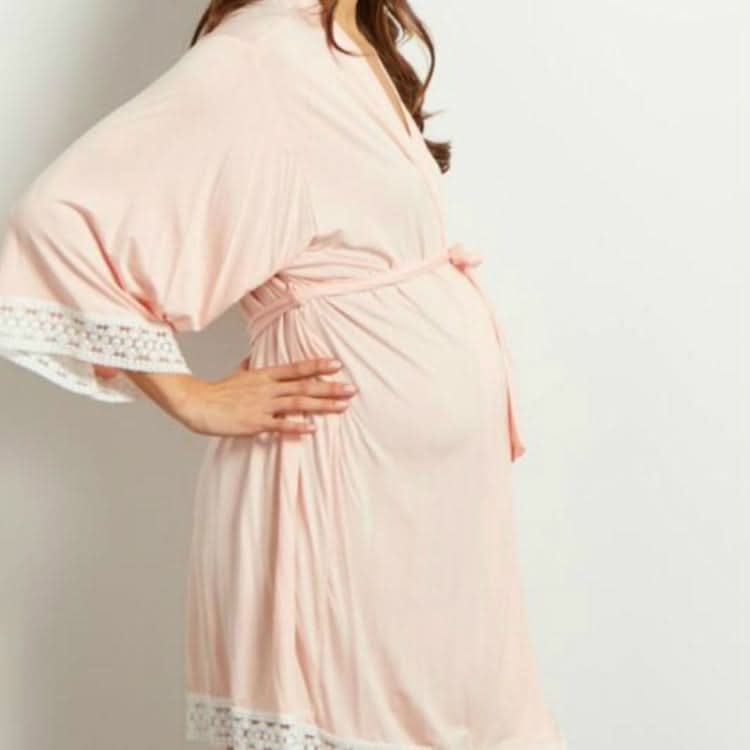 Solid Color Maternity Dress Lace Stitching Three-point Sleeves with Cardigan Breastfeeding Robes Pajamas