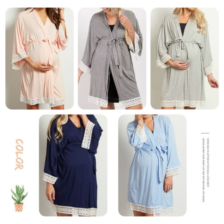 Solid Color Maternity Dress Lace Stitching Three-point Sleeves with Cardigan Breastfeeding Robes Pajamas Reluova