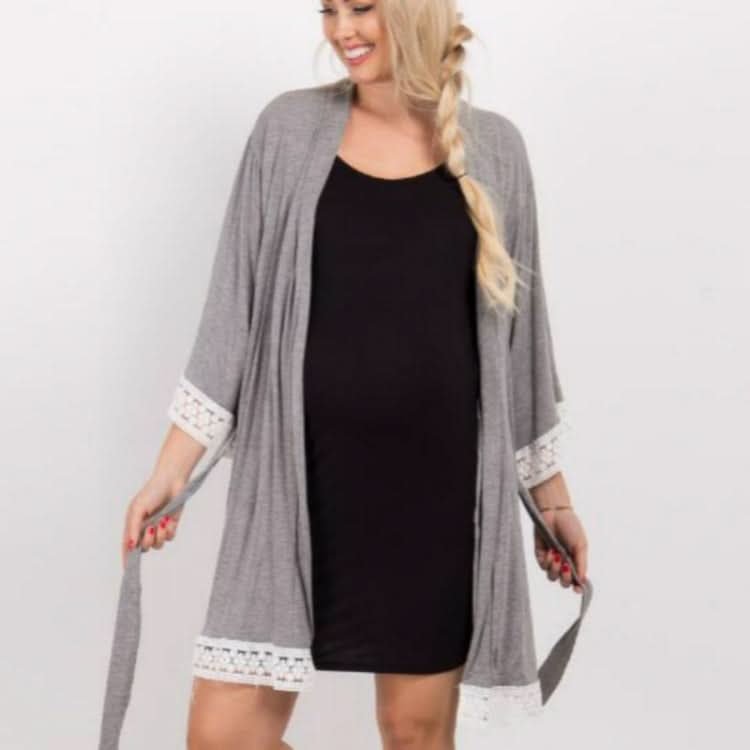 Solid Color Maternity Dress Lace Stitching Three-point Sleeves with Cardigan Breastfeeding Robes Pajamas