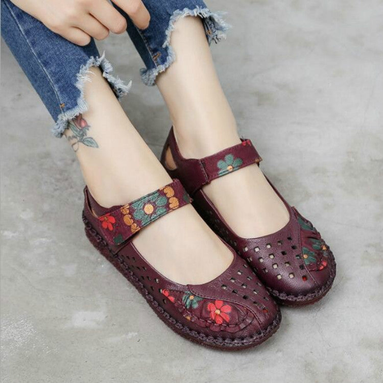 Flower Round Toe Soft Bottom Vintage Leather Flat Shoes, Series 1