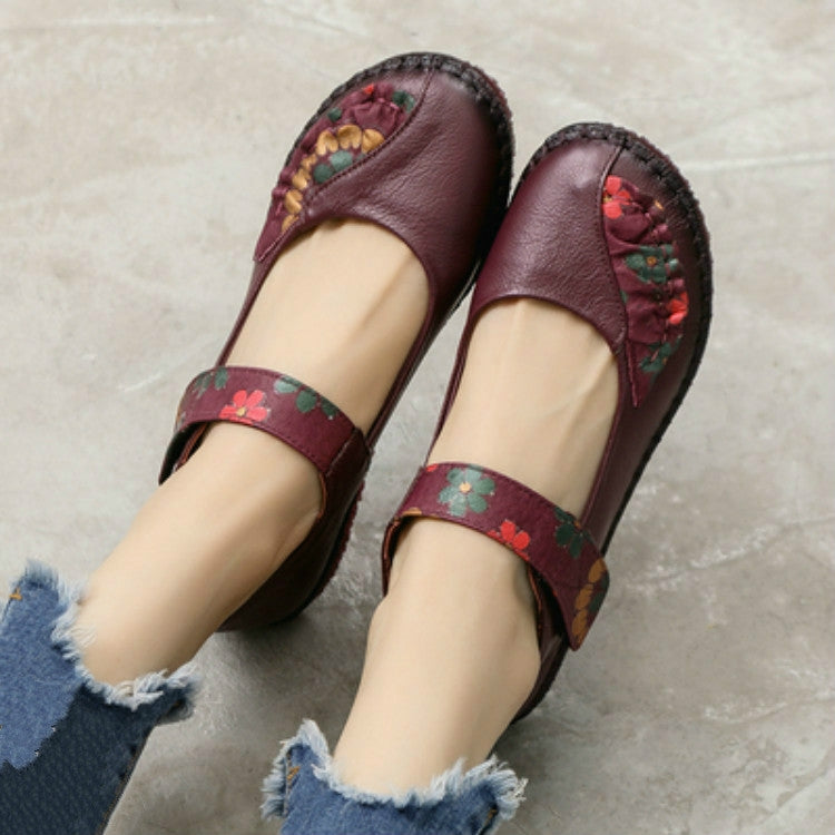 Flower Round Toe Soft Bottom Vintage Leather Flat Shoes, Series 1 Reluova