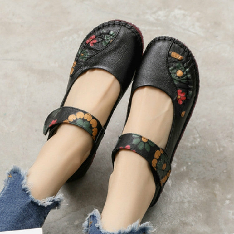 Flower Round Toe Soft Bottom Vintage Leather Flat Shoes, Series 1 Reluova