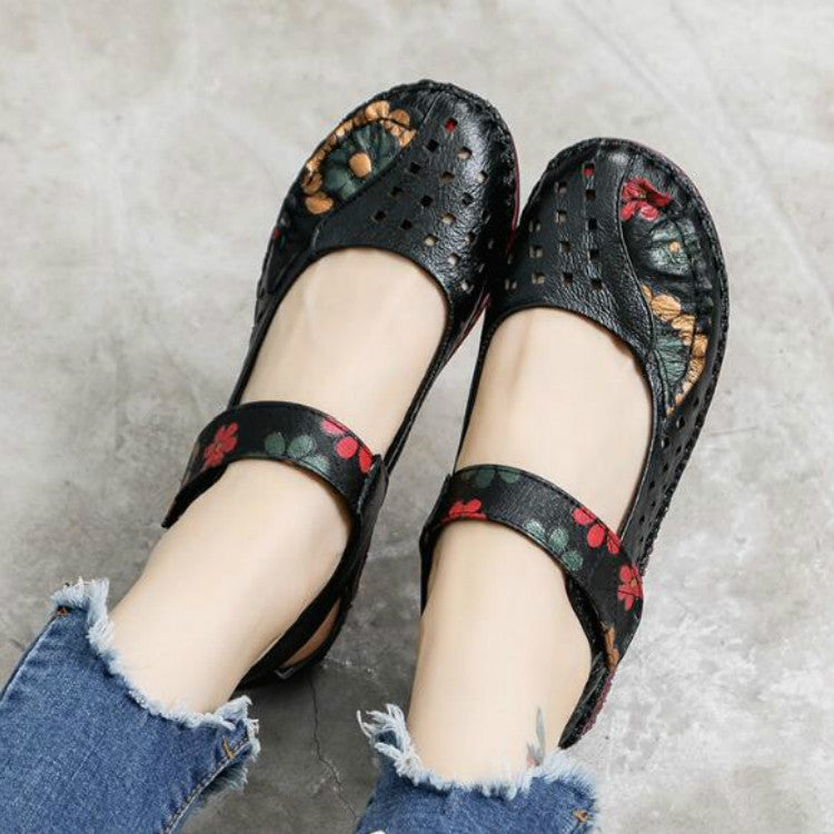 Flower Round Toe Soft Bottom Vintage Leather Flat Shoes, Series 1