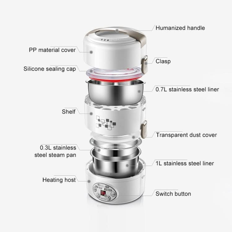 Yoice 220V Multi-function Electric Lunch Box Three-layer Stainless Steel Inner Rice Cooker, CN Plug