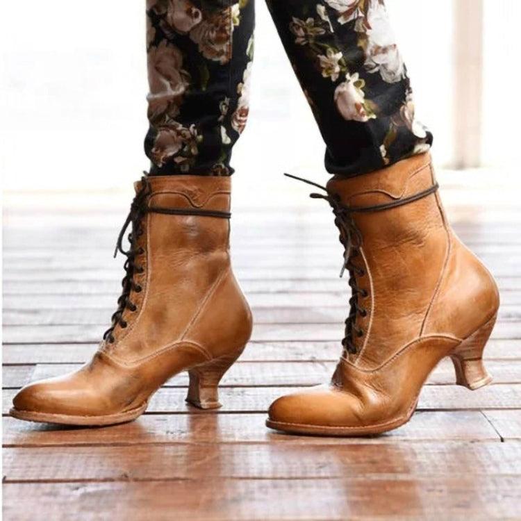 Women High Heels Large Size Lace Boots Fighter Retro PU Leather Round Toe Shoes