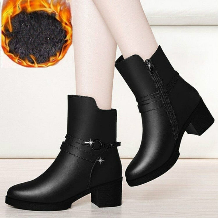 Round Head Boots with Thick Side Zipper Boots and Velvet Boots