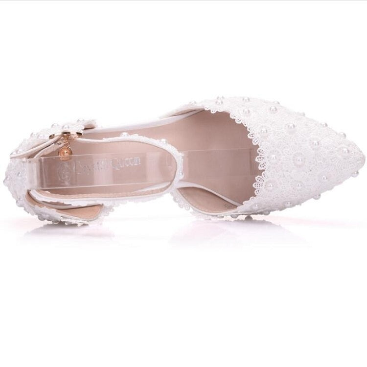 Women Shoes Lace Pearl Princess Pointed Shoes