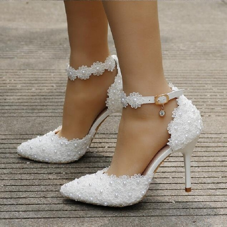 Women Shoes Lace Pearl Princess Pointed Shoes Reluova