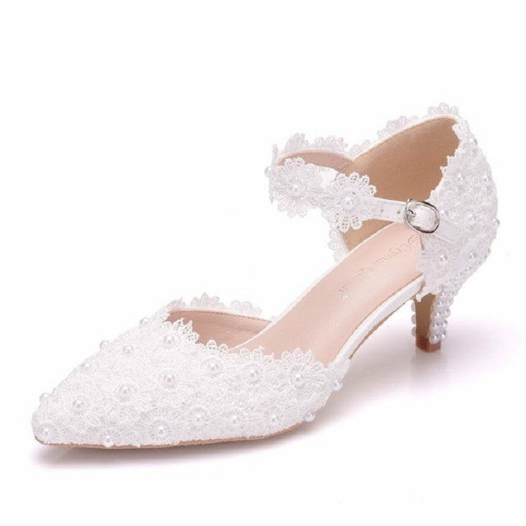 Women Shoes Lace Pearl Princess Pointed Shoes