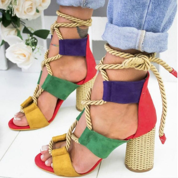 Women Shoes Openwork Color Block Hemp Lace Up High Heels Reluova