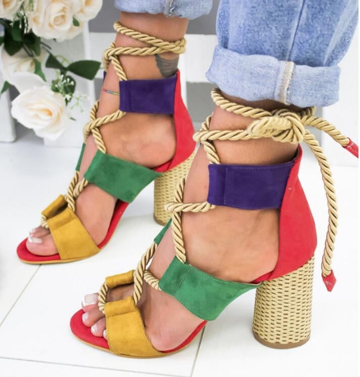 Women Shoes Openwork Color Block Hemp Lace Up High Heels