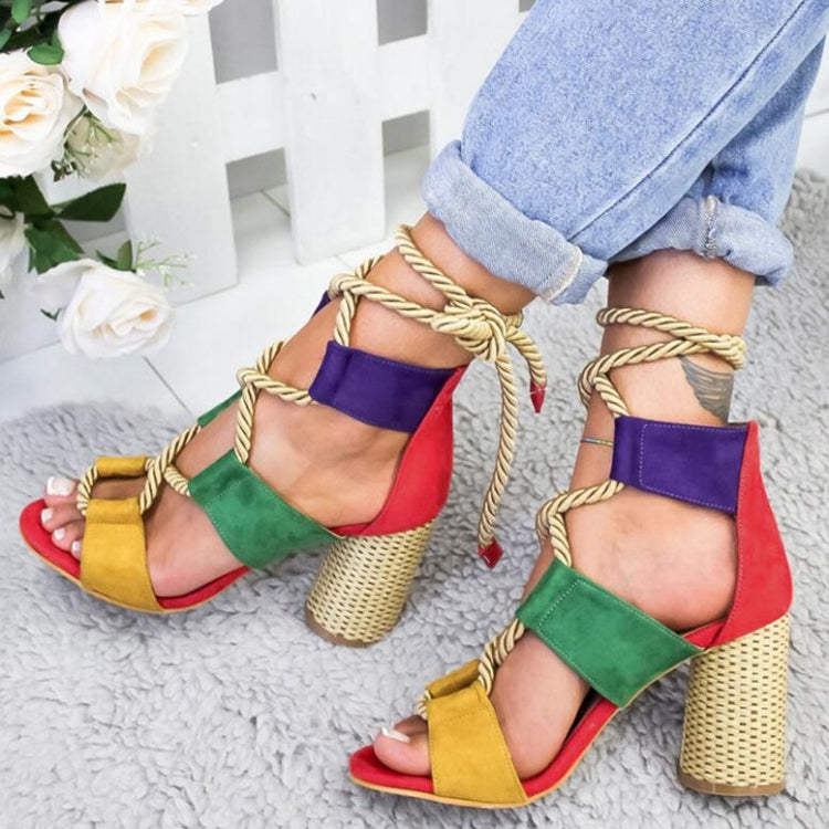 Women Shoes Openwork Color Block Hemp Lace Up High Heels Reluova