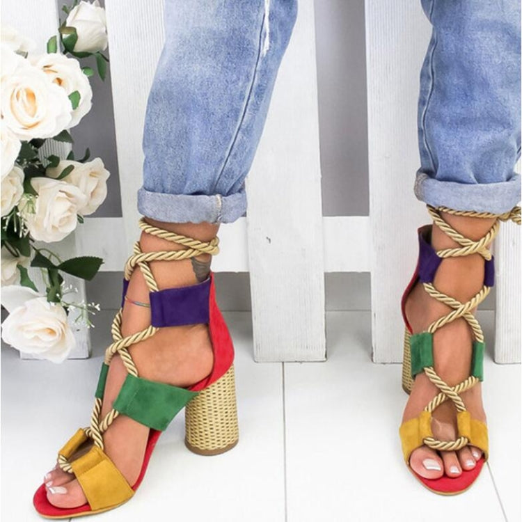 Women Shoes Openwork Color Block Hemp Lace Up High Heels