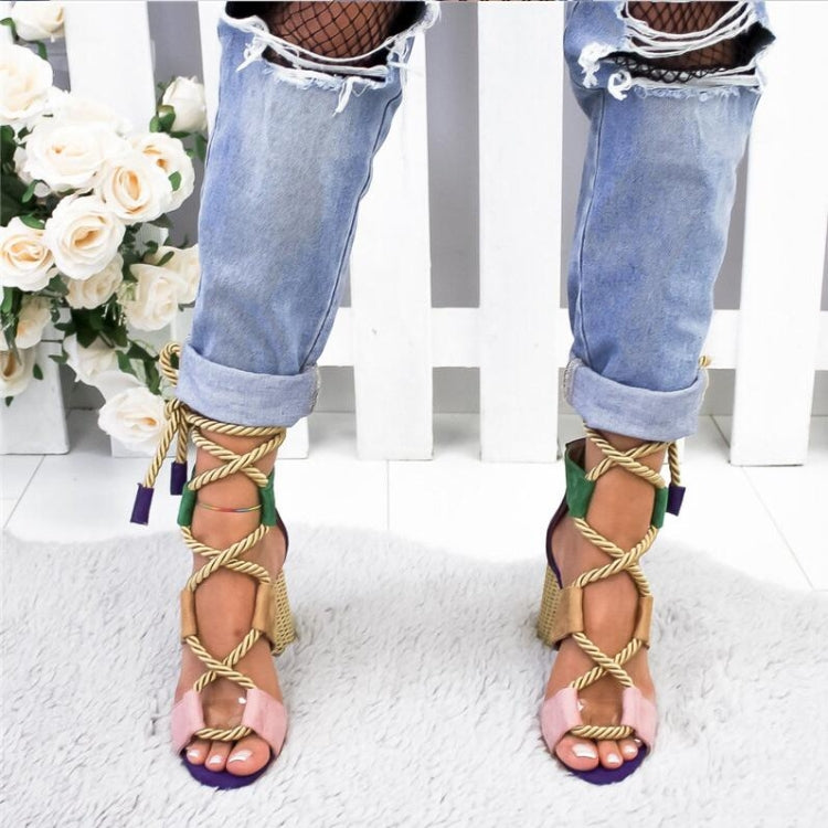 Women Shoes Openwork Color Block Hemp Lace Up High Heels