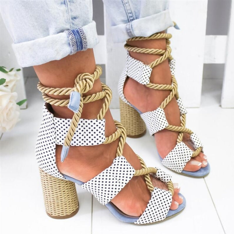 Women Shoes Openwork Color Block Hemp Lace Up High Heels