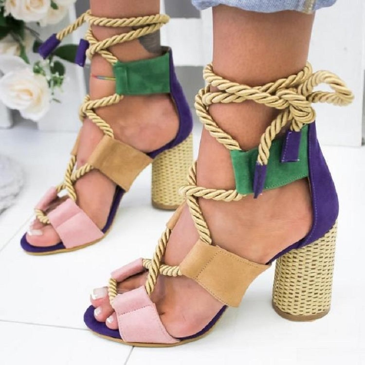 Women Shoes Openwork Color Block Hemp Lace Up High Heels Reluova