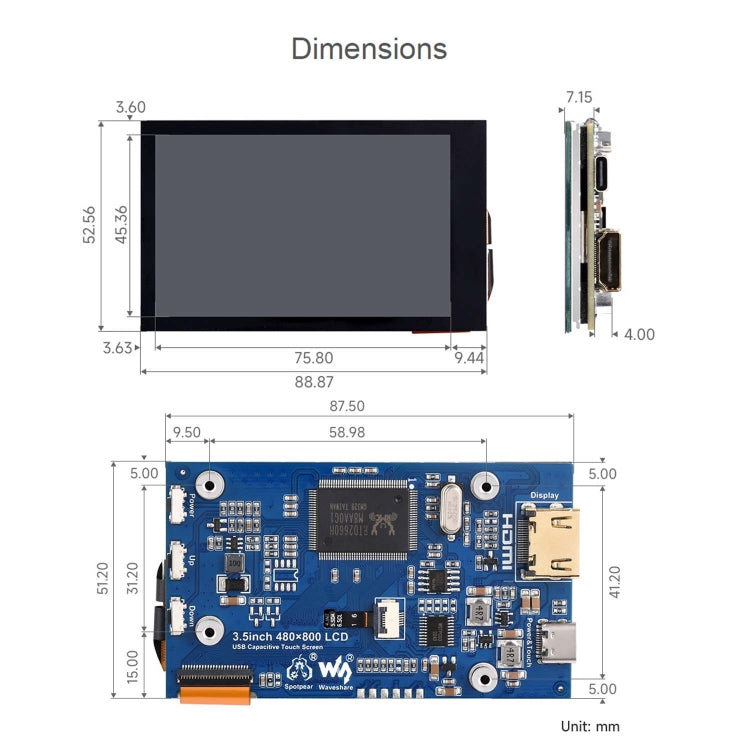 Waveshare 3,5 Zoll 480x800 IPS kapazitives Touch-LCD-Display für Raspberry Pi, HDMI-Schnittstelle