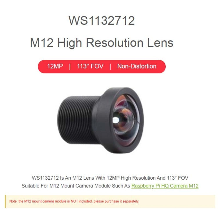 Waveshare WS1132712 For Raspberry Pi M12 High Resolution Lens, 12MP, 113 Degree FOV, 2.7mm Focal Length,23965 My Store