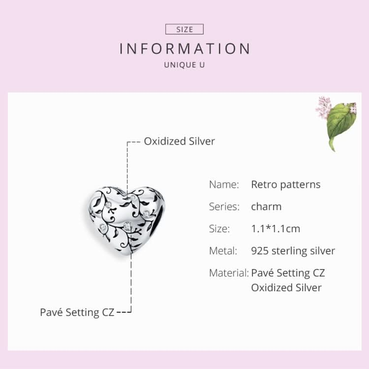 S925 Sterling Silver Heart-shaped Retro Pattern Loose Beads DIY Bracelet Jewelry Accessories