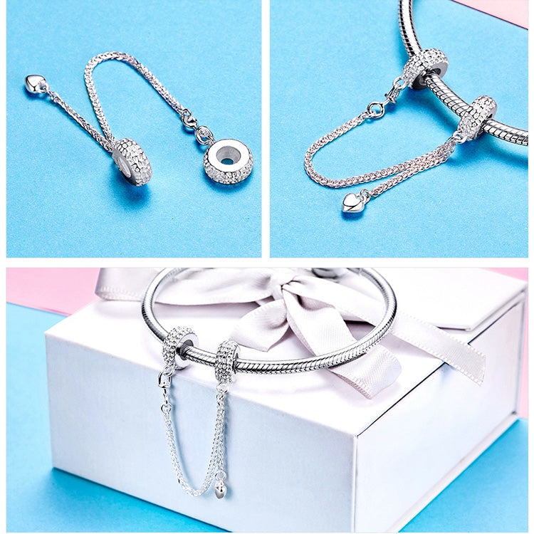 925 Sterling Silver Love Heart Safety Chain Charms Stopper Pendant Women Bracelets DIY Jewelry