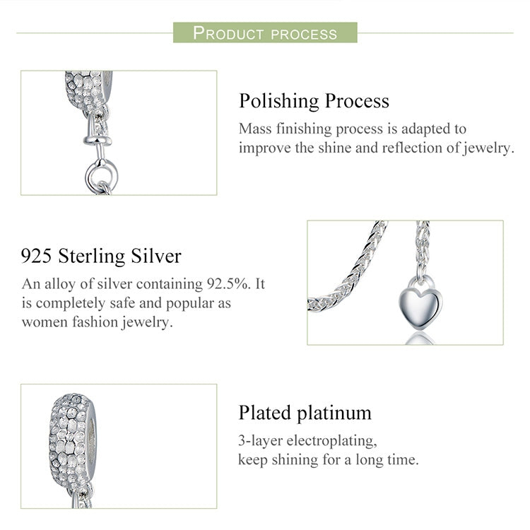 925 Sterling Silver Love Heart Safety Chain Charms Stopper Pendant Women Bracelets DIY Jewelry