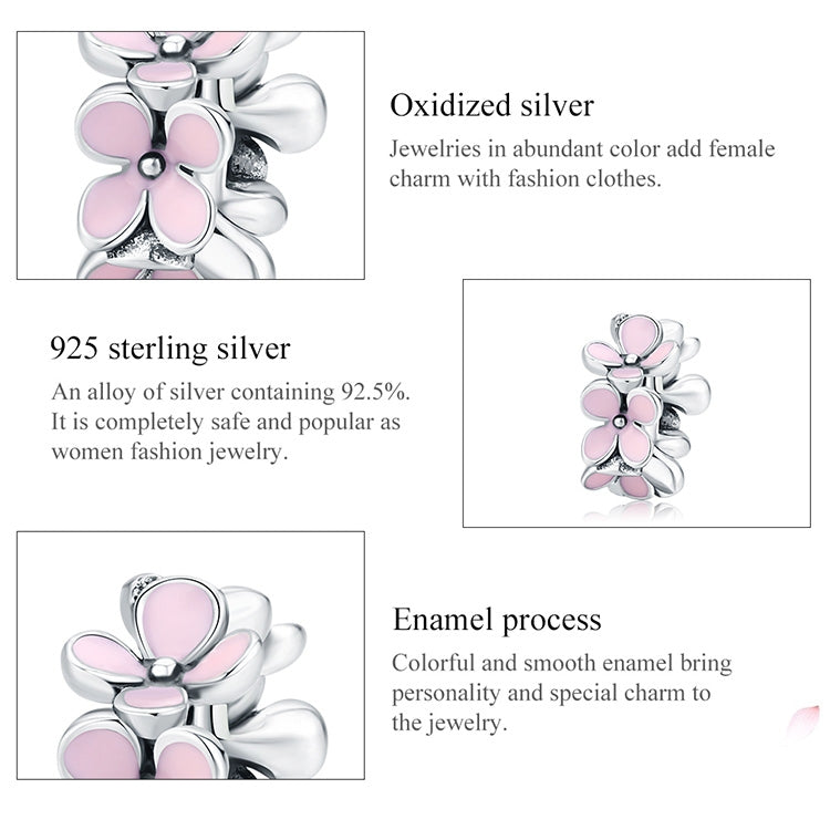 925 Sterling Silver Pink Enamel Flower Charm Women Bracelet  DIY Jewelry Beads