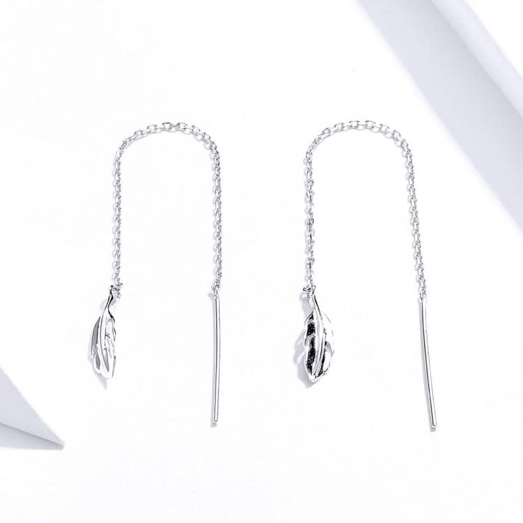 Feather Ear Line Sterling Silver Long Earrings Platinum Plated Simple Girl Earrings Reluova