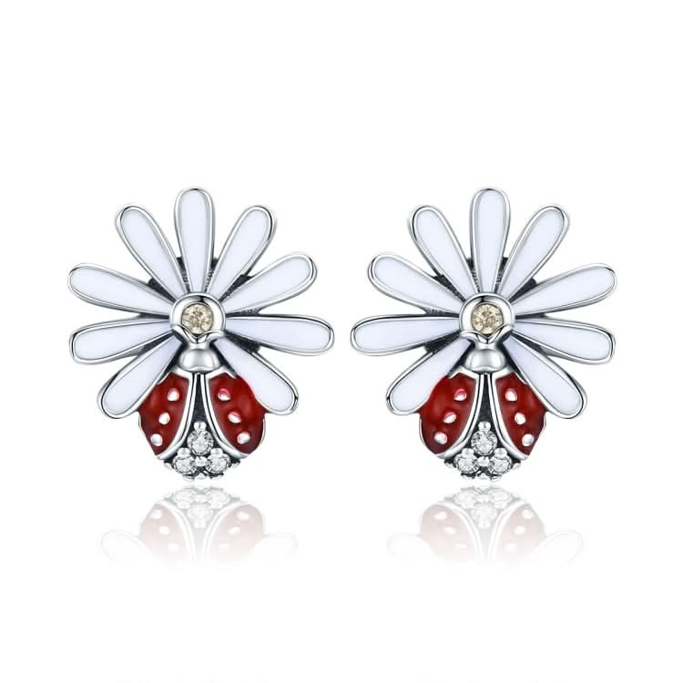 Sterling Silver Ladybug Flower Earrings Drop Oil Diamond Earrings Female Earrings Reluova