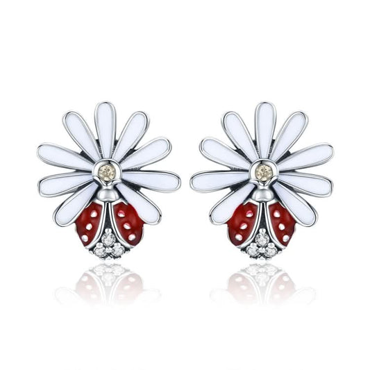 Sterling Silver Ladybug Flower Earrings Drop Oil Diamond Earrings Female Earrings Reluova