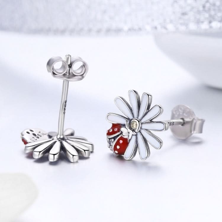 Sterling Silver Ladybug Flower Earrings Drop Oil Diamond Earrings Female Earrings Reluova