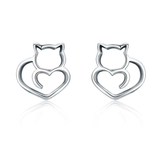 Simple Plain Silver Cat Earrings Sterling Silver Hollow Female Earrings Small Animal Silver Jewelry Reluova