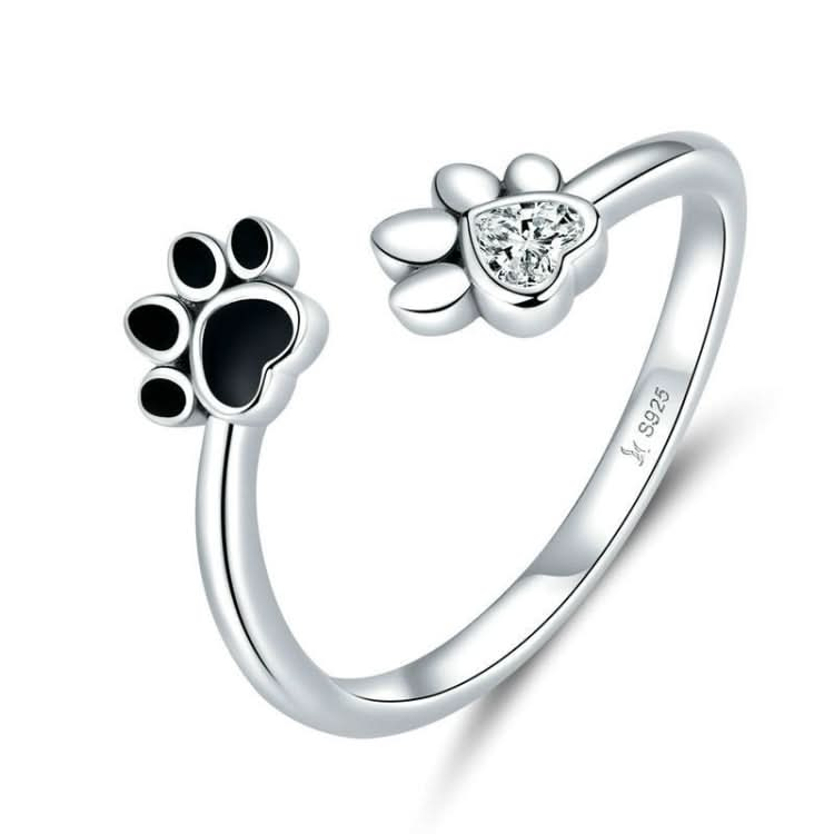 S925 Sterling Silver Cute Pet Paw Print Open Ring Black Dripping Ring Reluova