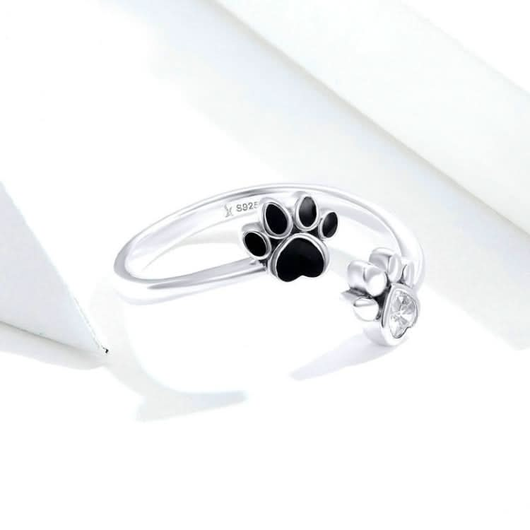 S925 Sterling Silver Cute Pet Paw Print Open Ring Black Dripping Ring Reluova