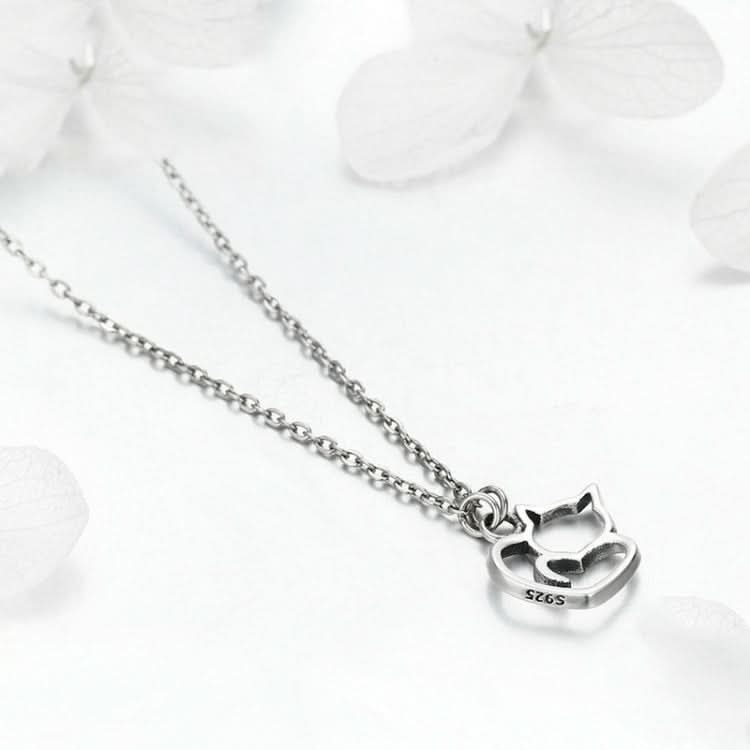 Cute Cat S925 Sterling Silver Lady Necklace With Zircon Inlaid Plain Silver Necklace Reluova