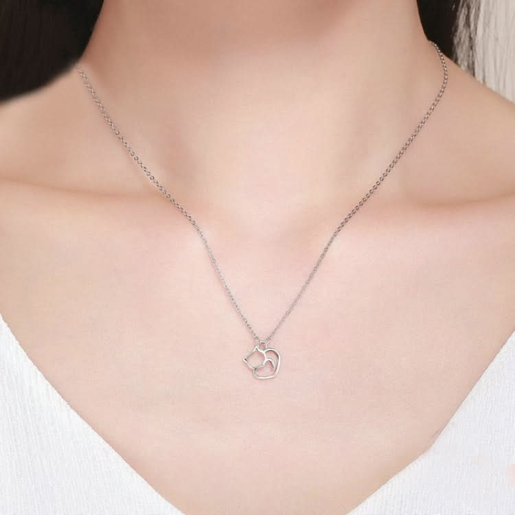 Cute Cat S925 Sterling Silver Lady Necklace With Zircon Inlaid Plain Silver Necklace Reluova