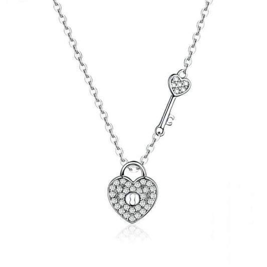 S925 Sterling Silver Platinum Plated Heart Lock Necklace Girls White Inlaid Zircon Key Jewelry Reluova