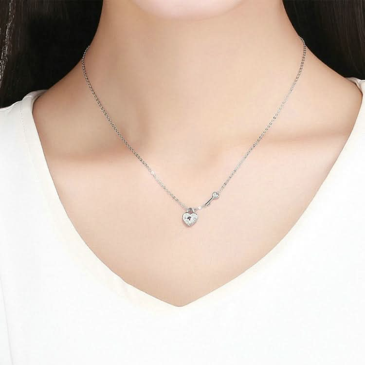 S925 Sterling Silver Platinum Plated Heart Lock Necklace Girls White Inlaid Zircon Key Jewelry Reluova