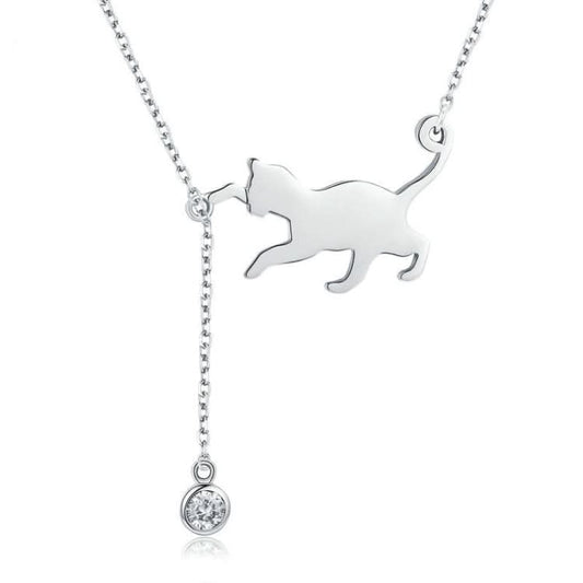 Naughty Kitten S925 Sterling Silver With Zircon Necklace Reluova