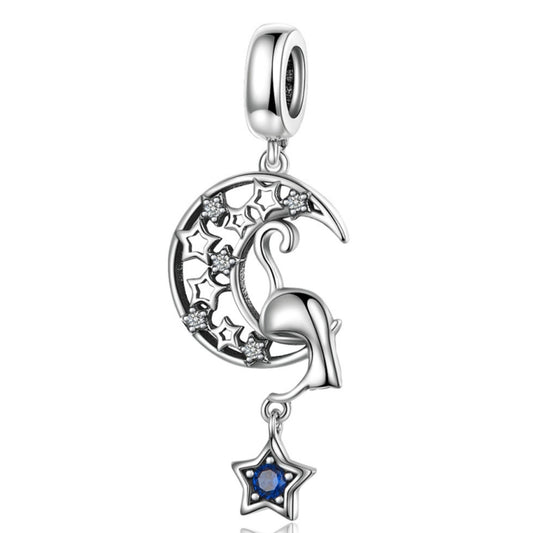 S925 Sterling Silver Moon Cat Pendant DIY Bracelet Necklace Charm Reluova