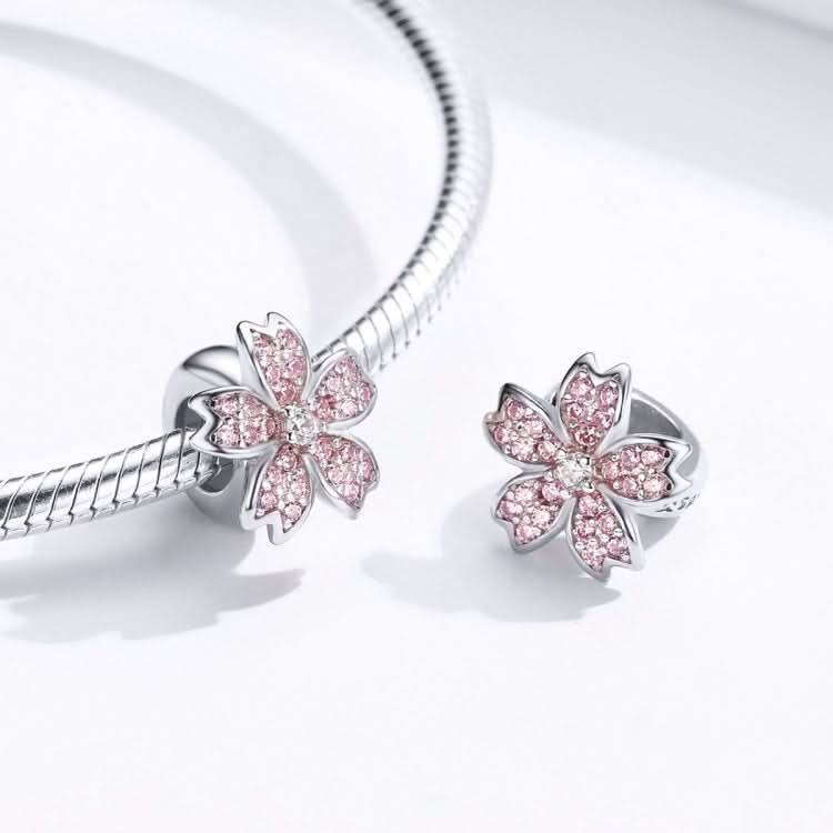 S925 Sterling Silver Platinum Plated Pink Flower Loose Beads DIY Bracelet Accessories