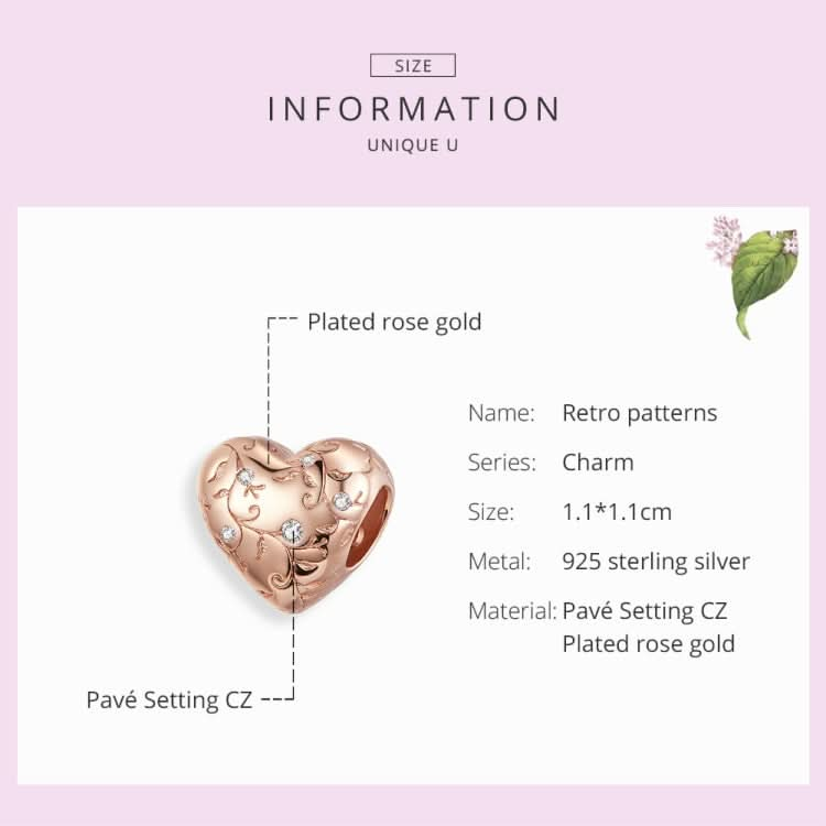 S925 Sterling Silver Heart-shaped Retro Pattern Rose Gold Plated Beads DIY Bracelet Accessory