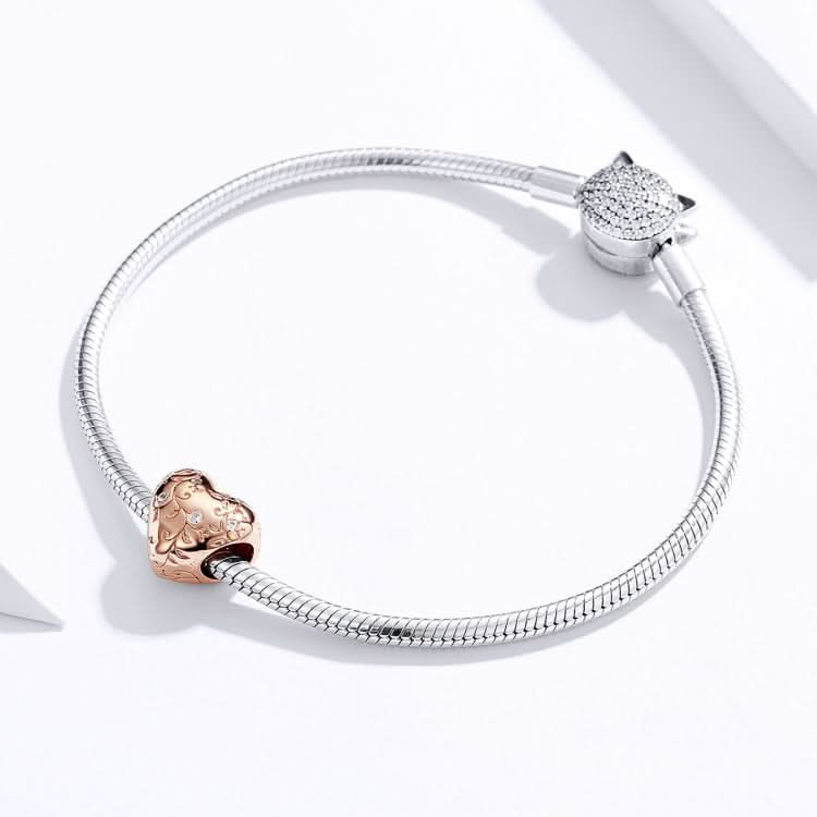 S925 Sterling Silver Heart-shaped Retro Pattern Rose Gold Plated Beads DIY Bracelet Accessory