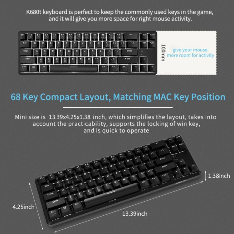 Ajazz K680T Mini USB Wired Dual-mode Charging 68-keys Laptop Bluetooth Mechanical Keyboard, Cable Length: 1.6m