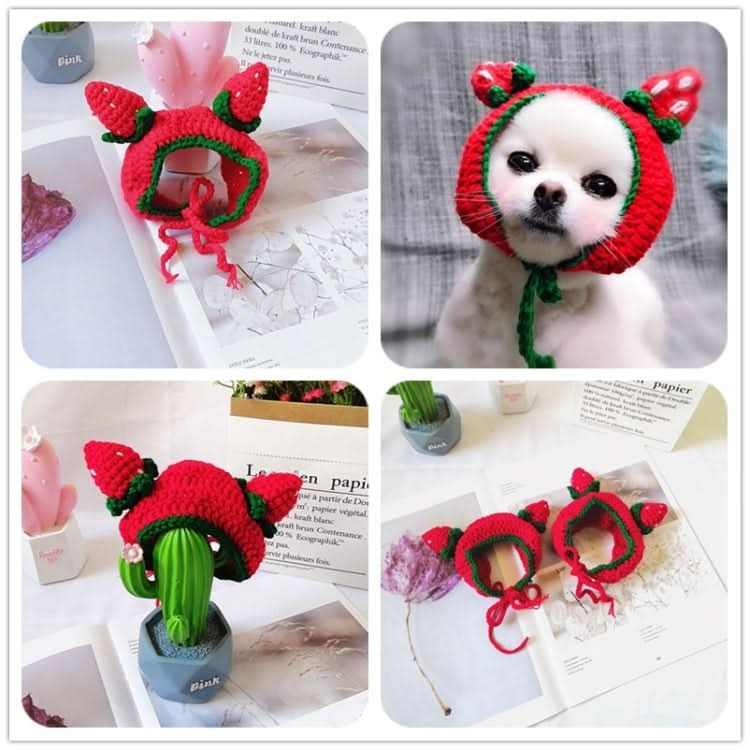 Cute Strawberry Headgear Handmade Knitted Hat Pet Accessories - Reluova