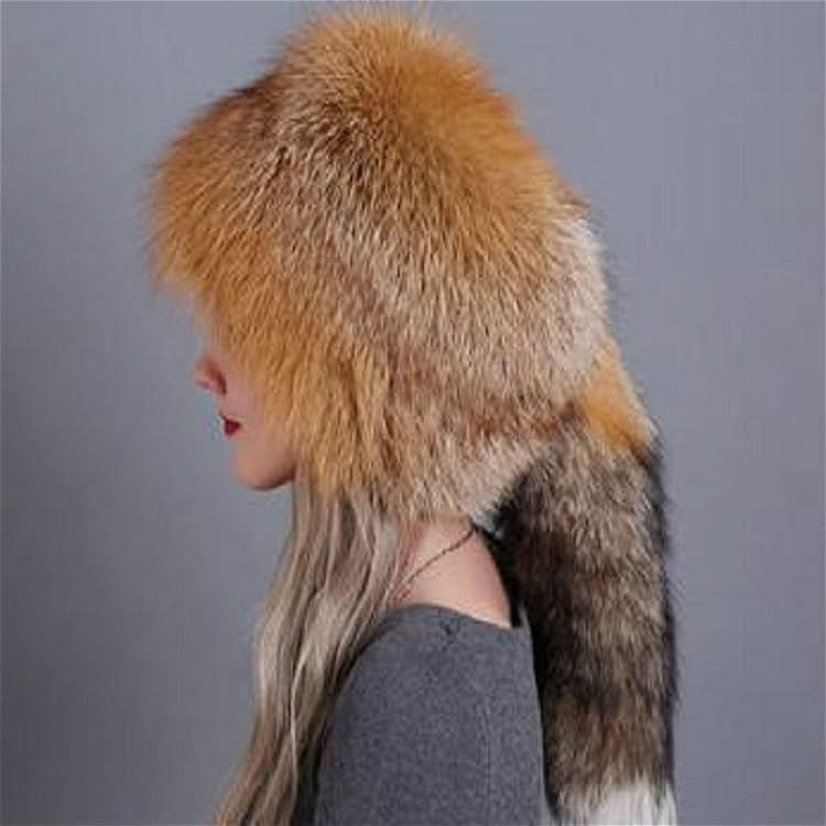 Ladies Winter Thick Warm Fox Fur Bomber Hat with Tail Reluova