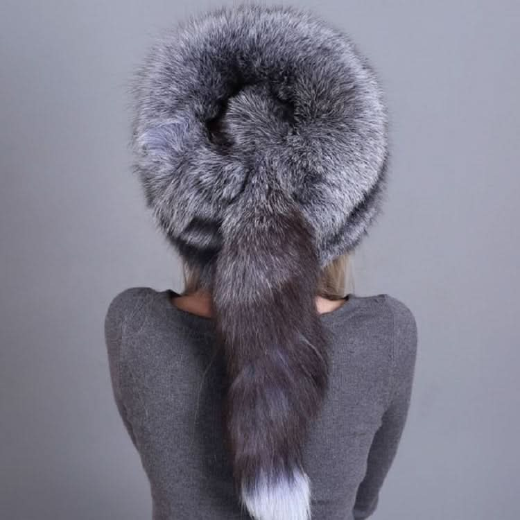 Ladies Winter Thick Warm Fox Fur Bomber Hat with Tail Reluova