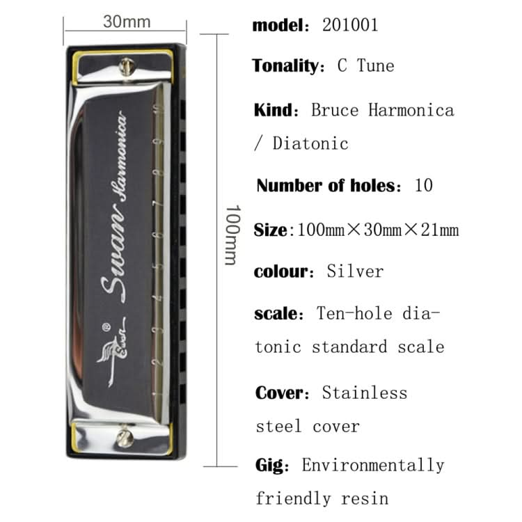 Swan 2 PCS 10 Holes Full-scale Bruce Harmonica Beginner Children Adult Students Playing Musical Instruments Reluova