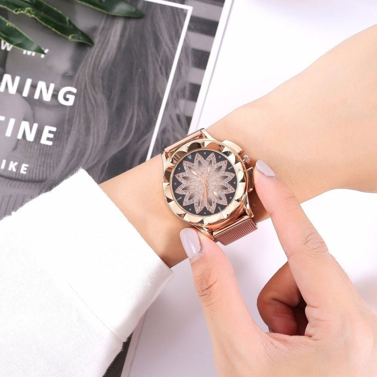 Smeeto Women Fashion Flower with Rhinestone Mesh Belt Alloy Bracelet Quartz Watch