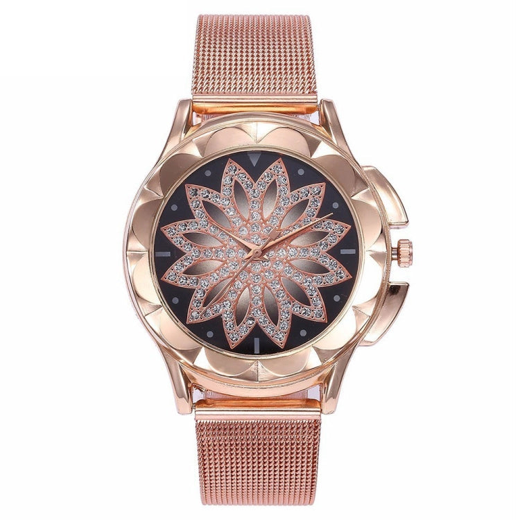 Smeeto Women Fashion Flower with Rhinestone Mesh Belt Alloy Bracelet Quartz Watch Reluova