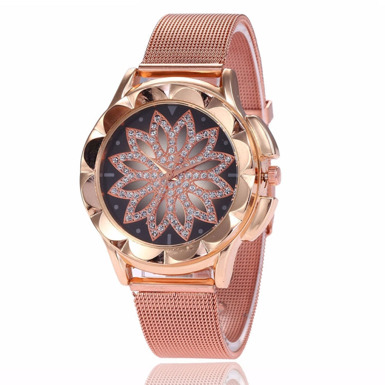 Smeeto Women Fashion Flower with Rhinestone Mesh Belt Alloy Bracelet Quartz Watch